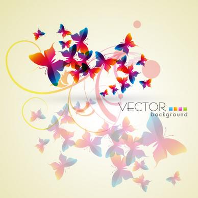 multicolor butterflies with floral vector background