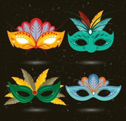 multicolored masquerade masks icons isolation