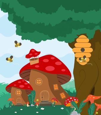 mushroom houses background colored cartoon design bee icons