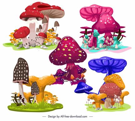 mushroom icons colorful design growth sketch