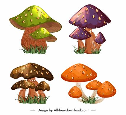 mushrooms icons colorful 3d sketch