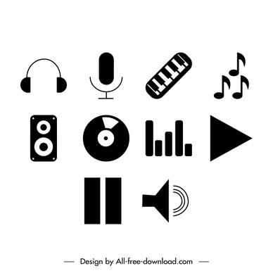 music icons sets flat black white outline