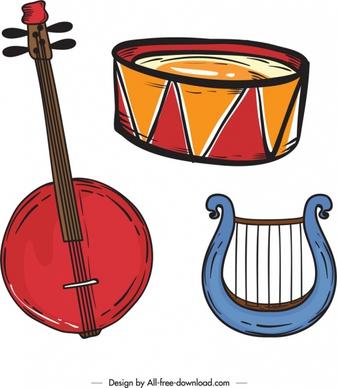 music instruments icons colored classical design
