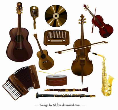 music instruments icons colored flat 3d sketch