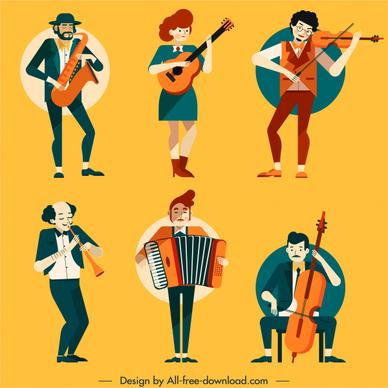 music performer icons colored cartoon characters sketch