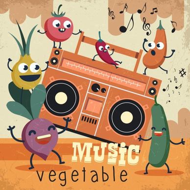 music vegetables background retro design funny stylized icons