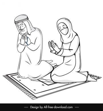 muslim people praying icons black white handdrawn  