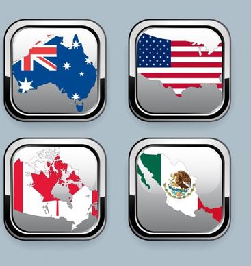 nation flags icons collection shiny squares decor