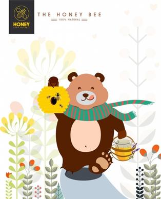 natural honey advertisement cute bear honeycomb icons
