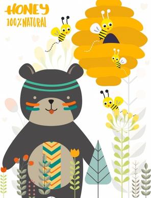 natural honey advertising boho bear bee icons