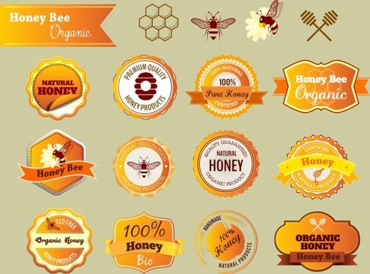 natural honey badges orange design various flat shapes