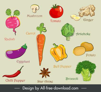 natural ingredients icons colored flat handdrawn symbols