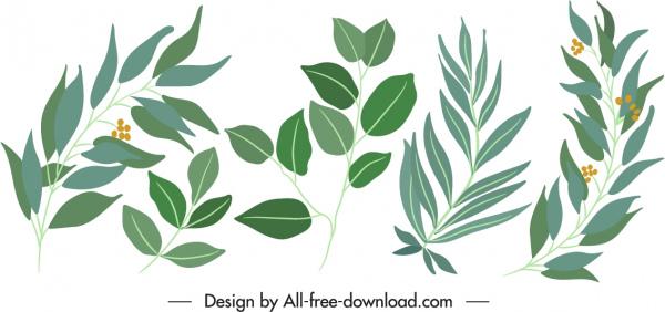 natural leaf icons green classical handdrawn design