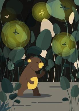natural painting tiny bear firefly icons cartoon design