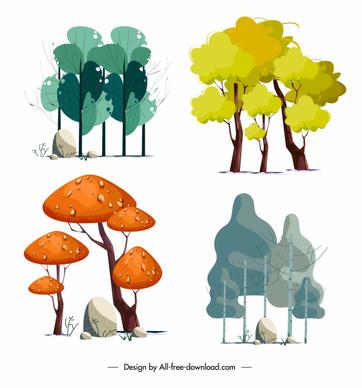 natural trees icons colored handdrawn sketch
