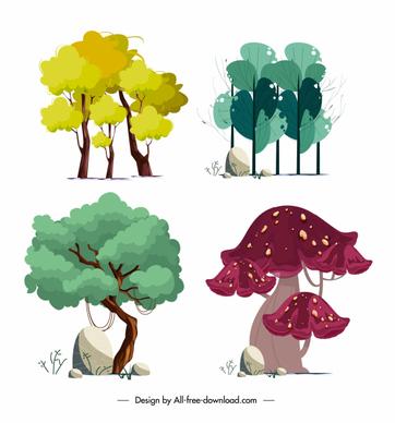 natural trees icons colorful classical handdrawn design