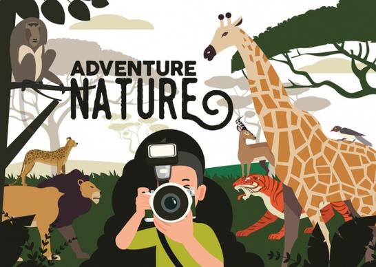 nature adventure background tourist wild animals icons decor
