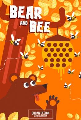 nature background bears honeybees icons colored cartoon