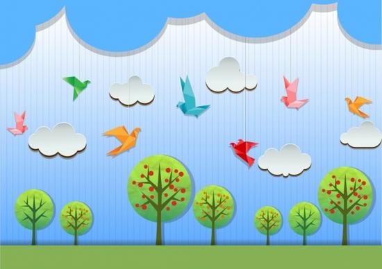 nature background bird cloud tree icons paper cut