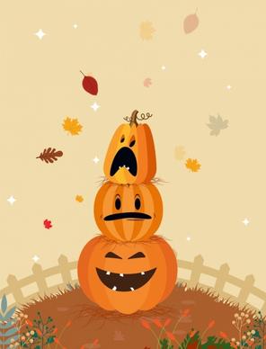 nature background funny stylized pumpkin icons falling leaves