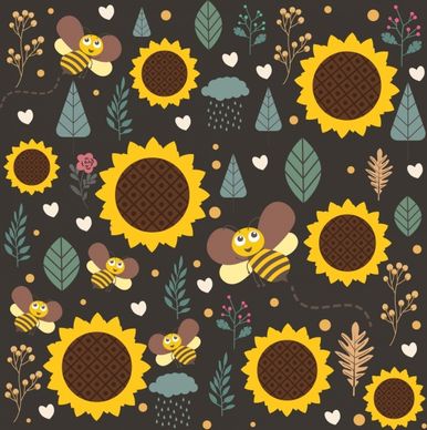 nature background honeybee sunflower leaves icons repeating decor