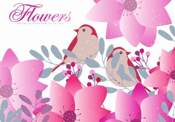 nature background pink flowers birds cartoon design
