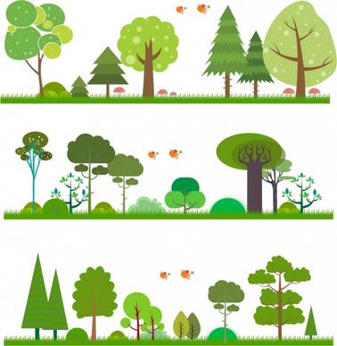 nature background sets green trees decoration cartoon design