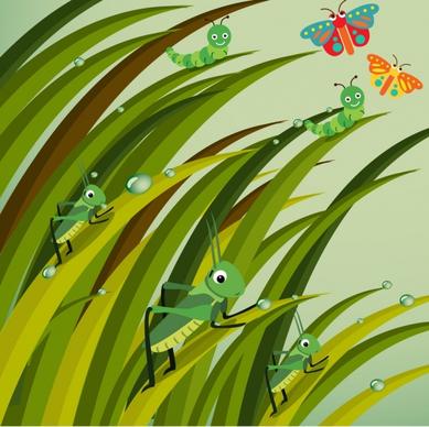nature background stylized grasshopper worm butterfly icons