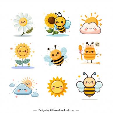 nature design elements collection cute bee sun cloud symbols