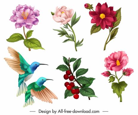 nature design elements flora birds icons sketch