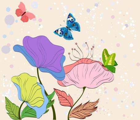 nature drawing multicolored design flowers butterflies icons