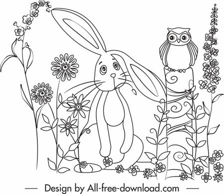 nature drawing rabbit owl flowers cute handdrawn cartoon