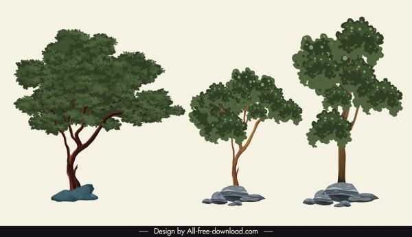 nature elements icons green trees sketch classic design