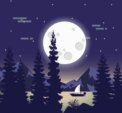 nature landscape drawing round moon lake boat icons