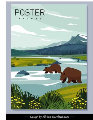 nature poster bears hunting river sketch cartoon design