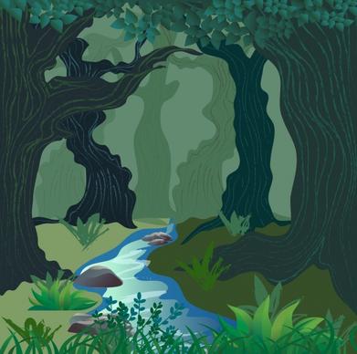 nature scene drawing forest stream icons colored sketch