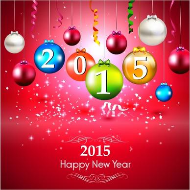 New Year 2015 greeting card with colorful baubles on red background
