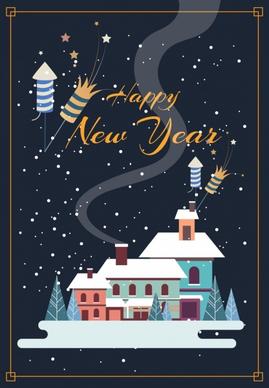new year banner snow houses icons classical design