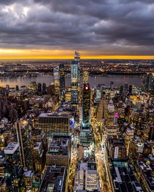 new york city modern skyscrapers dark twilight scene