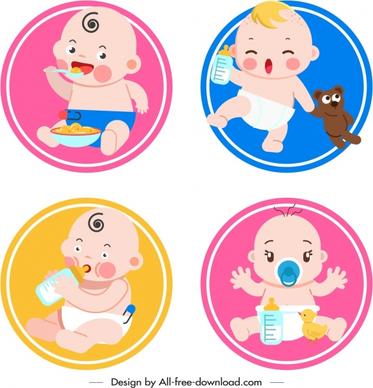 newborn kids icons cute cartoon sketch circles isolation