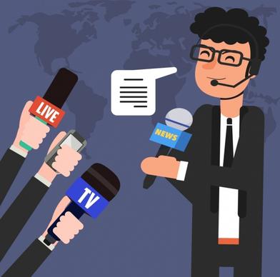 news broadcast background reporter hands microphones icons