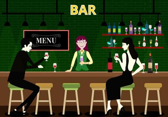 night bar drawing guest bartender icons colored cartoon