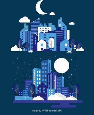 night city background templates buildings moon icons decor