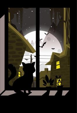 night drawing cat moonlight bats icons dark design