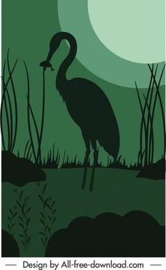 night nature painting dark silhouette moonlight crane sketch