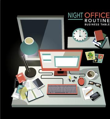 night office and computer desks design vector
