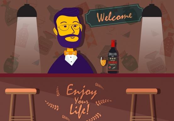 nightlife banner bartender bar icons colored cartoon design