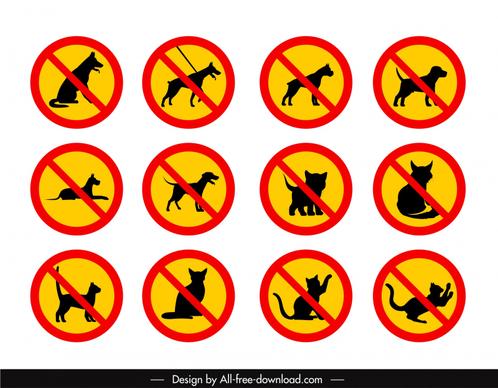 no pet allow sign templates collection flat silhouette dogs cats