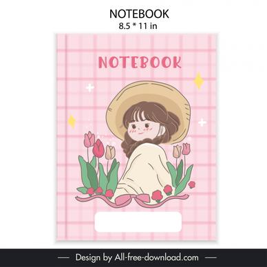 notebook cover template cute handdrawn girl flowers 