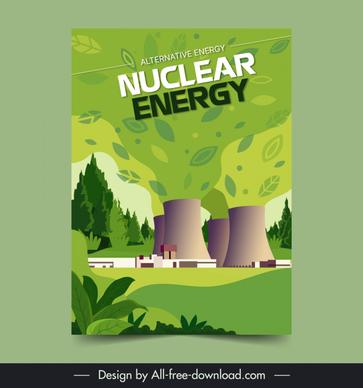 nuclear power energy poster template chimney plant trees scene 